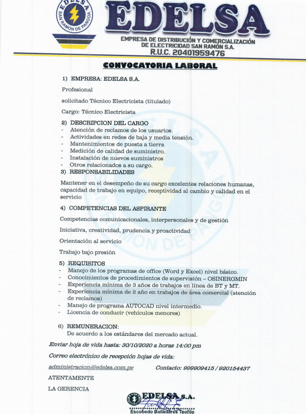 CONVOCATORIA LABORAL: TÉCNICO ELECTRICISTA