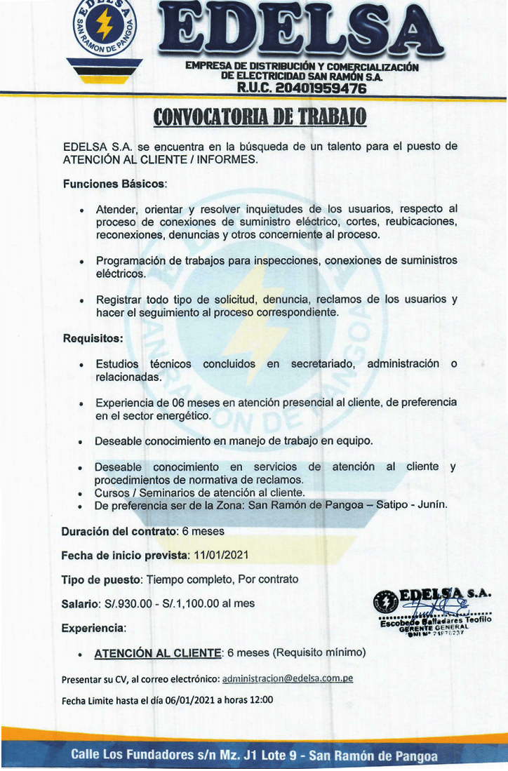 CONVOCATORIA LABORAL: ATENCIÓN AL CLIENTE / INFORMES