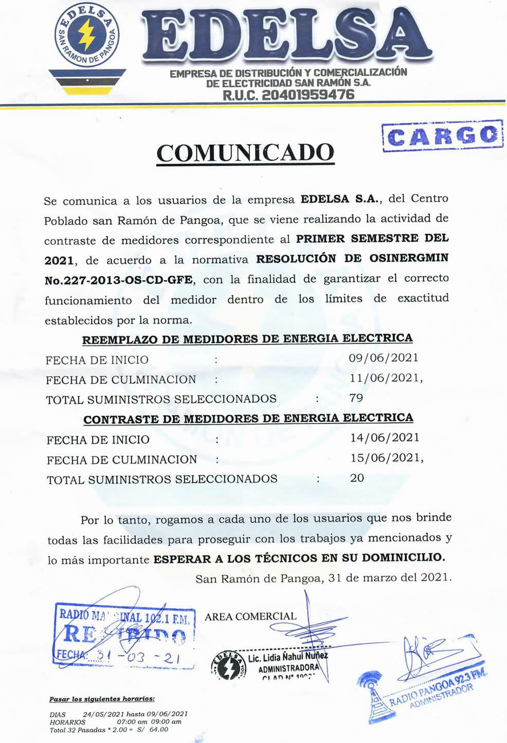 COMUNICADO DE CONTRASTE DE MEDIDORES PRIMER SEMESTRE DEL 2021